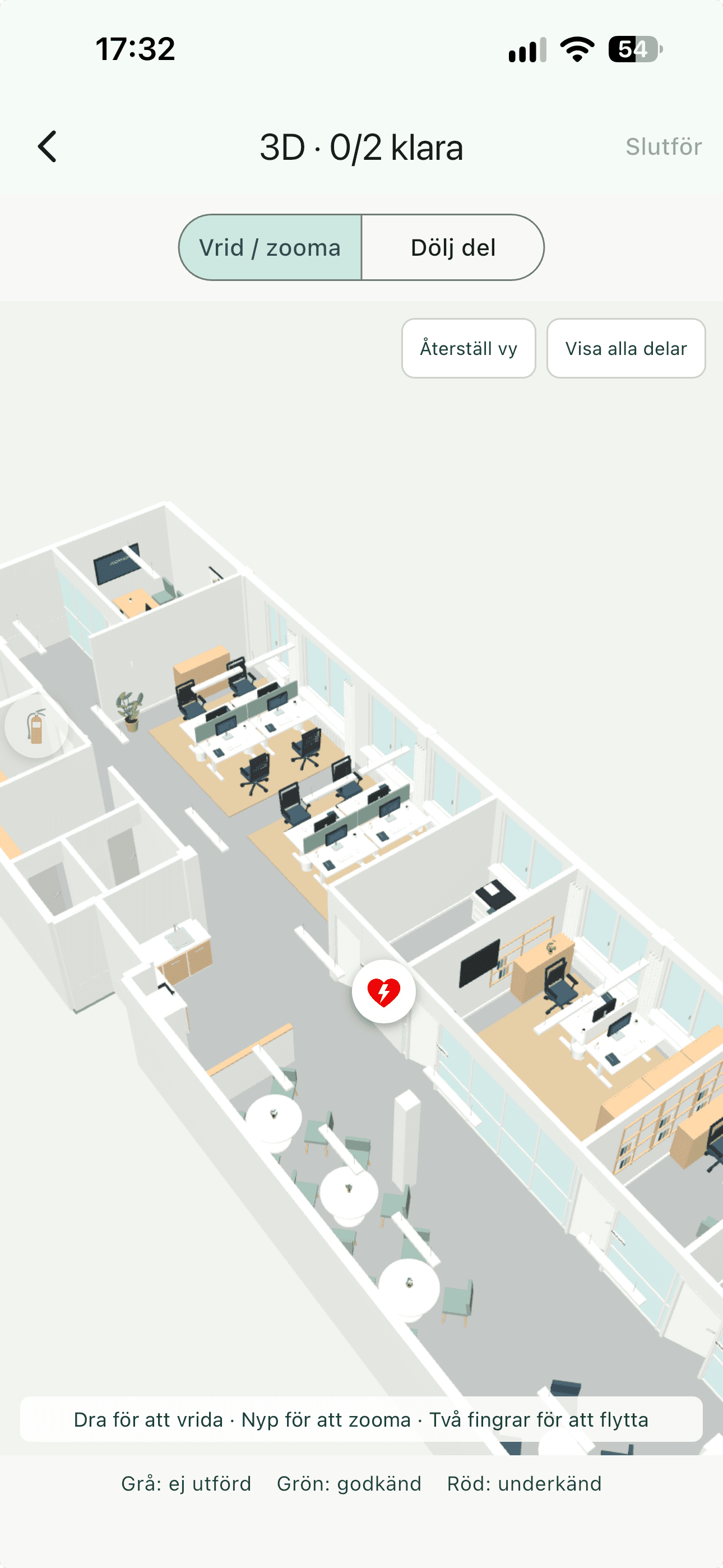 Tryggves 3D-vy av en kontorsfastighet med rum, möbler och kontrollpunkter för brandsläckare och hjärtstartare